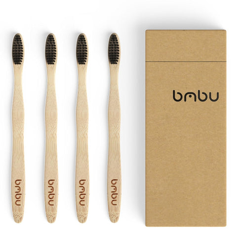 bmbu Bamboo Toothbrush 4 Pack - Medium/Soft Charcoal Bristles, Wooden Handle, Eco-Friendly Vegan Gift Idea