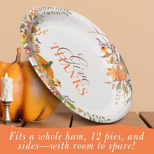 Tyzarglef 50Pcs Plates12.5"x10"Large Heavy Duty Thanksgiving Oval Paper Oval Disposable Dinner Platters, Pumpkin Autumn
