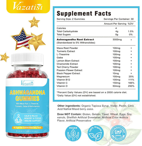 Sugar Free Ashwagandha Gummies 3000mg - 60 Ct with Maca Root, Turmeric, GABA for Mood, Energy & Immune Support, Mixed
