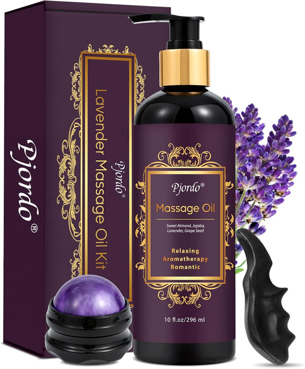 Aromatherapy Lavender Massage Oil with Roller Ball & Thumb Saver Massager, Calming Spa Massage Oil, 10 Fl Oz