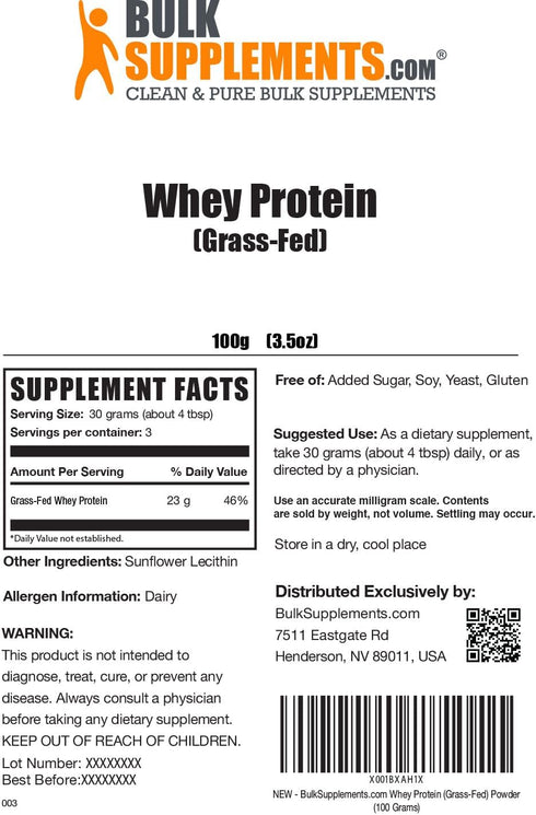 BulkSupplements.com Grass Fed Whey Protein Powder - Unflavored Whey Protein Powder, Grass Feed Whey Protein Concentrate - Gluten Free, 30g per Serving, 100g (3.5 oz) (Pack of 1)