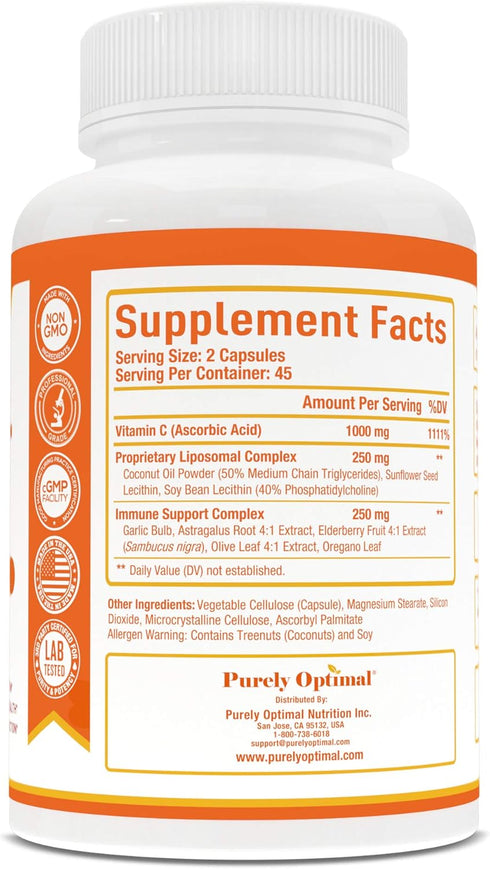 Premium Liposomal Vitamin C Supplement, 1000mg, High Absorption, Immune Support, Non-GMO, 90 Capsules