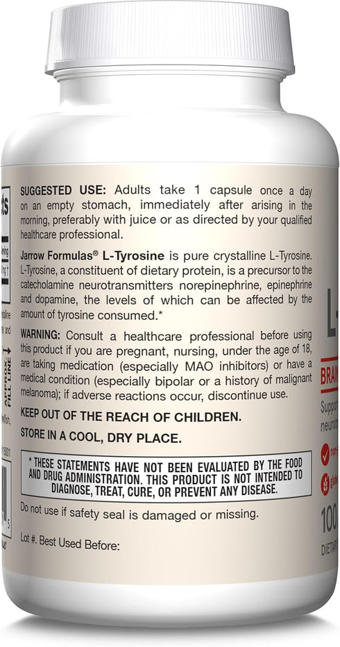 Jarrow Formulas L-Tyrosine 500 mg | 100 Capsules | Dietary Supplement for Brain Health