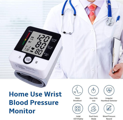 Wrist Blood Pressure Monitor Automatic Wrist Bp Monitor Talking Blood Pressure Cuff for Home Use Adjustable Cuffs for Adult Electronic Digital Large LCD Display with Battery and Carrying Case