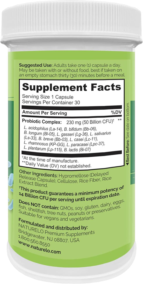 NATURELO Probiotics for Digestive Health, 50 Billion CFU, 11 Strains, 30 Vegetarian Capsules