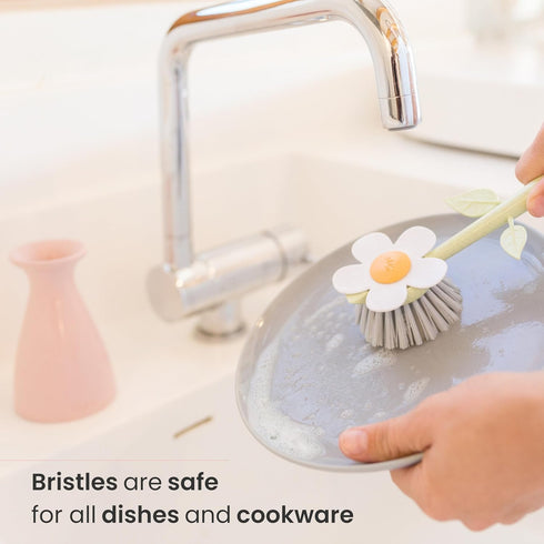 Vigar Florganic Daisy-Shaped Dish Brush with Vase Dish Brush Holder, Dish Brush with Handle, for Pot Scrubber, Kitchen