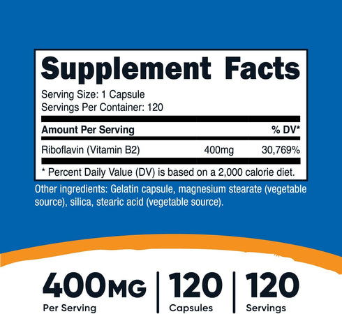 Nutricost Vitamin B2 (Riboflavin) 400mg, 120 Capsules - Gluten Free, Non-GMO