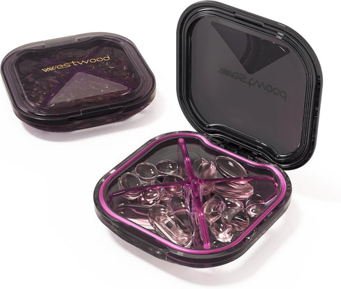 HyJeryty 4-Compartment Stylish Pill Organizer, Small Purple Portable Pill Case for Daily Vitamins,