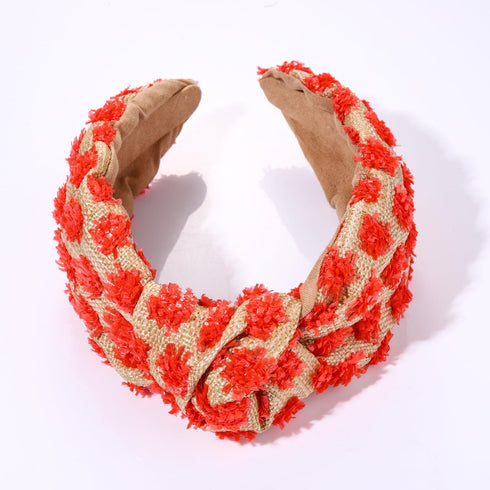 Raffia Knotted Headbands for Women, Boho Straw Wide Top Knot Hairband, Rattan Woven Pom Pom Hair Accessories
