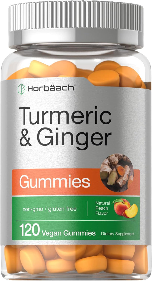 Horbaach Turmeric and Ginger Gummies, 120 Count, Vegan Non-GMO & Gluten Free, Peach Flavor