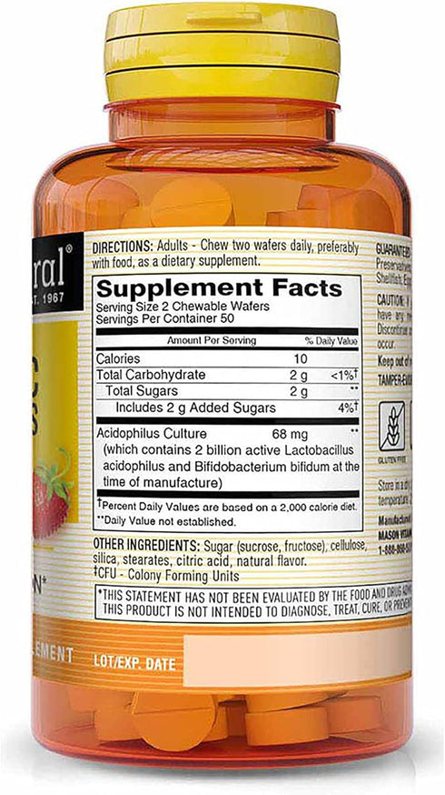 MASON NATURAL Probiotic Acidophilus with Bifidus 2 Billion CFU Per Serving- A Healthy Digestion, Improved Gastrointestinal Health, Strawberry Flavor, 100 Chewable Wafers