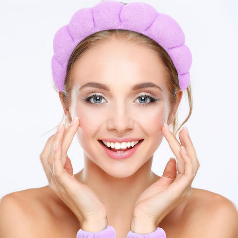 YISSION Purple Spa Headband & Wristband Set, Skincare Headband & Wrist Bands for Washing Face, Makeup Hair Scrunchies