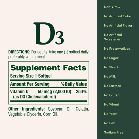 Nature's Bounty Vitamin D3, Immune and Bone Support, 2000IU, 240 Softgels