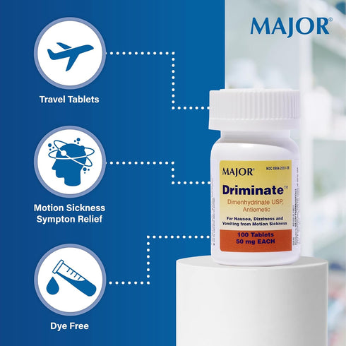 MAJOR Driminate - Dimenhydrinate 50mg Motion Sickness Tablets, 100 Tablets (3 Pack)