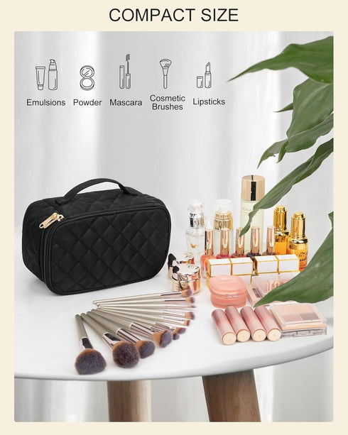 Relavel Small Makeup Bag, Travel Cosmetic Organizer for Women, 2 Layer Waterproof Black Makeup Pouch with Zipper