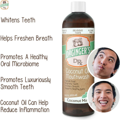 Dr. Ginger's Coconut Oil Pulling Mouthwash, All-Natural Oil Pulling & Xylitol to Target Bad Breath, Support Tongue and Gum Health and Brighten Teeth, Fluoride-Free, Coconut Mint Flavor, 14fl oz, 2ct