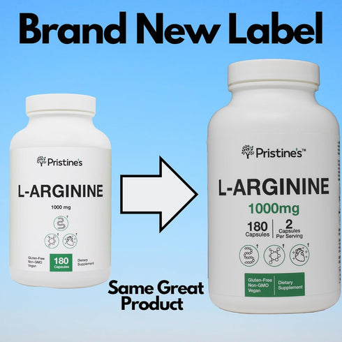 PRISTINE'S L Arginine 1000mg Nitric Oxide Blood Flow Supplement Capsules - 90 Day Supply for Energy & Endurance