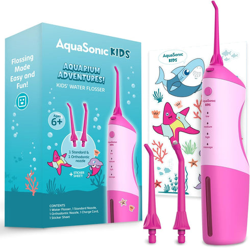 AquaSonic Kids' Water Flosser for Ages 6+, 4 Flossing Modes, Aquarium Adventures Theme (Pink)
