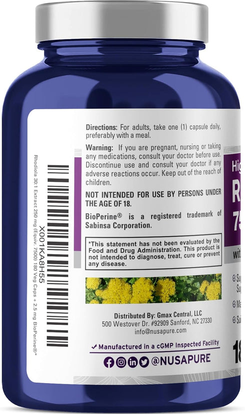 NusaPure Rhodiola Rosea 7,500mg, 180 Veggie Capsules, Non-GMO, Vegan & Gluten-Free, Extract 30:1, Bioperine