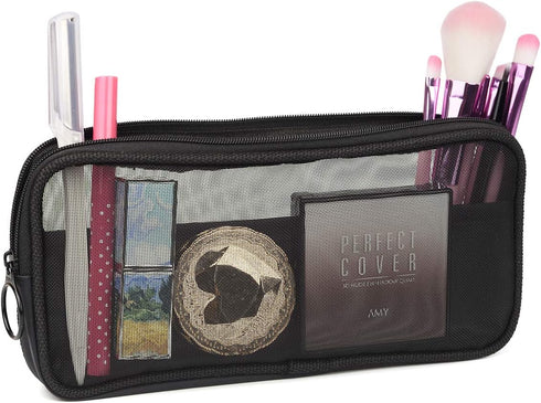 Mesh Travel Toiletry Bag - Transparent Standing Pouch, Portable Organizer, Pack of 2 (Size M), Black
