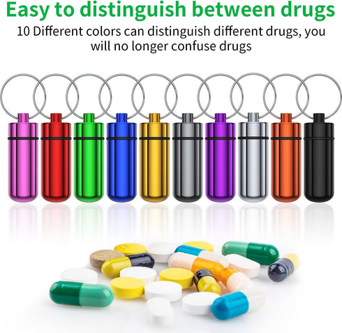 Small Portable Pill Case with Keychain, 10 Pack Waterproof Aluminum Organizer for Outdoor Camping Travel