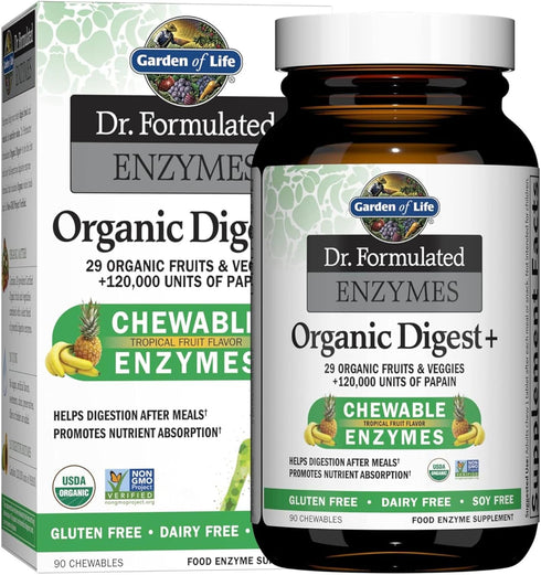 Garden of Life Dr Formulated Digestive Enzymes - Organic Digest+, Vegan, Gluten-Free, Tropical Fruit Flavor, 90