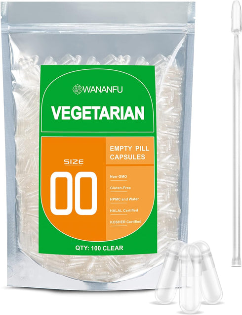 wananfu Size 00 Empty Capsules - Vegetarian (100 Count) Bundle with Micro Lab Spoon