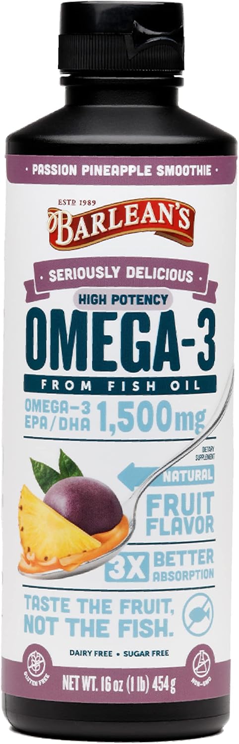 Barlean's Passion Pineapple Omega 3 Fish Oil Liquid Supplement, 1500mg EPA & DHA, 16 oz