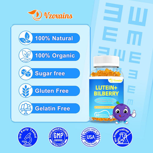 20mg Lutein & Zeaxanthin Gummies with Bilberry, Omega 3, Vitamin C, E - Sugar Free Eye Health Supplement for Adults &