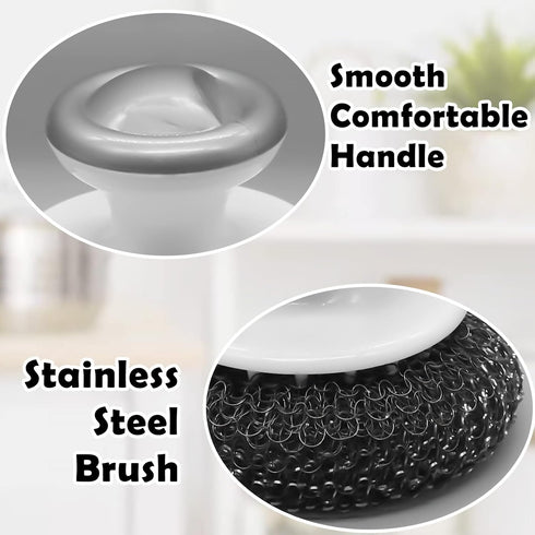 2Pcs Stainless Steel Wool Scrubber with Handle, Heavy Duty Dish Scrubber Cleaning Brush for Pots, Pans, Grills, Sink
