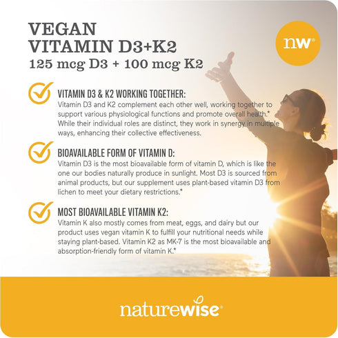 NatureWise Vitamin D3 + K2 with Plant Based Vitamin D3 5000IU & 100mcg Vitamin K2 - Max Absorption - 60 Softgels