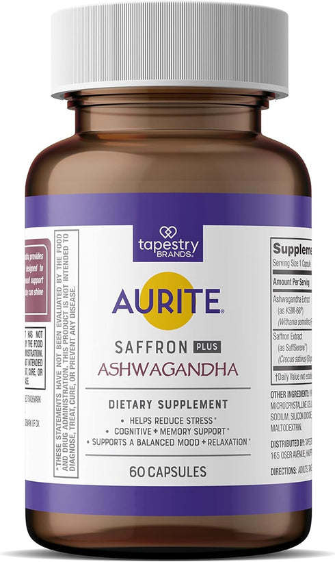 Saffron Ashwagandha Supplement for Stress Management, Mood Support, Long-Term Memory - 60 Count, Vegetarian Friendly