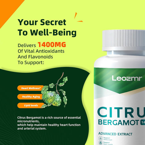 Leozmr 1400mg, 120 25:1 Organic Citrus Bergamot Capsules - Citrus Bergamia - Essential Oil and Citrus Bioflavonoids