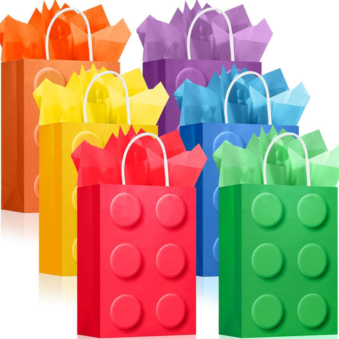 YOTNUS 24 Pcs Building Block Party-Favor Gift Bags with Tissue Paper, Small Gift Bags with Handles for Birthday Party