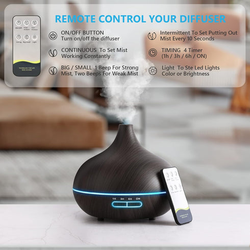 Diffusers for Essential Oils Large Room, 550ml with Remote Control, Ultrasonic Oil Diffuser with Timer