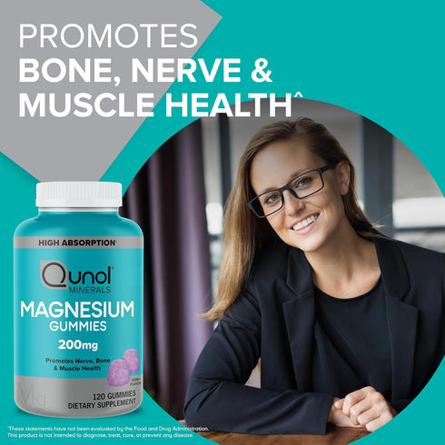 Qunol Magnesium Gummies for Adults, 200mg Magnesium Citrate Gummies, High Absorption Magnesium Supplement, Supports Nerve Health, Bone Health, Muscle Health, Vegetarian, 120 Count