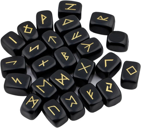 mookaitedecor Rune Stones Set - Engraved Elder Futhark Alphabet Crystal Meditation Divination, Black Obsidian