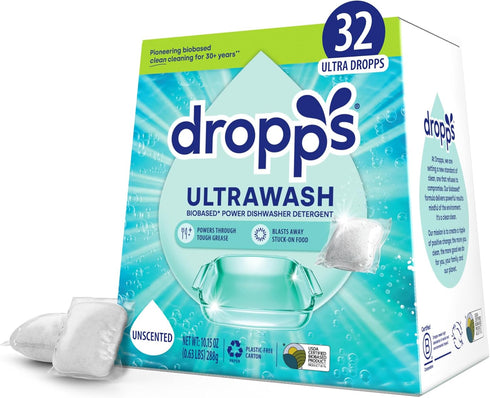 Dropps Dishwasher Detergent Pods, Unscented, 32 Count, Cuts Grease & Fights Stuck On Food