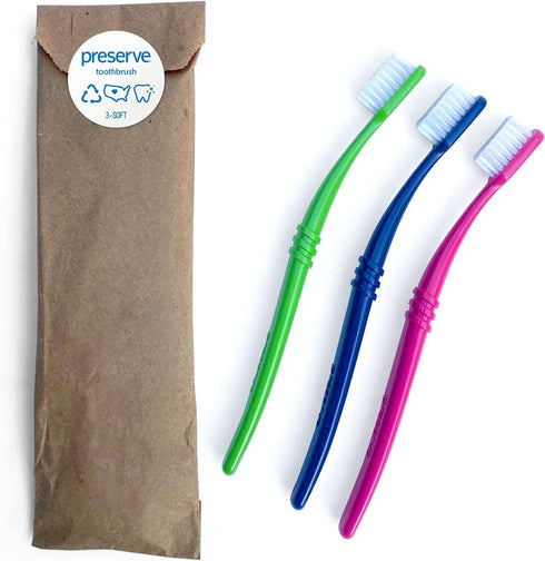 Packaging, 3 Count Preserve Eco Friendly Adult Toothbrushes, Made in The USA from Recycled Plastic, Lightweight Paper