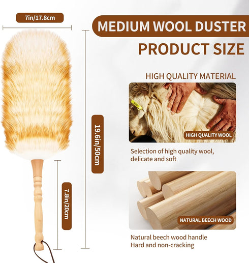 Lambswool Duster for Cleaning with Solid Wooden Handle Leather Hang Strap 19.6 inch Natural Feather Duster for Cleaning Ceiling Fans Window Blinds Computer Furniture(2 pack) by iHUFeather