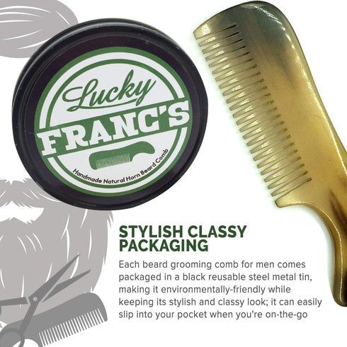 Lucky Franc's Handmade Ox Horn Fine Tooth Comb for Men's Beards and Mustaches, Pocket Size, Metal Tin Gift.