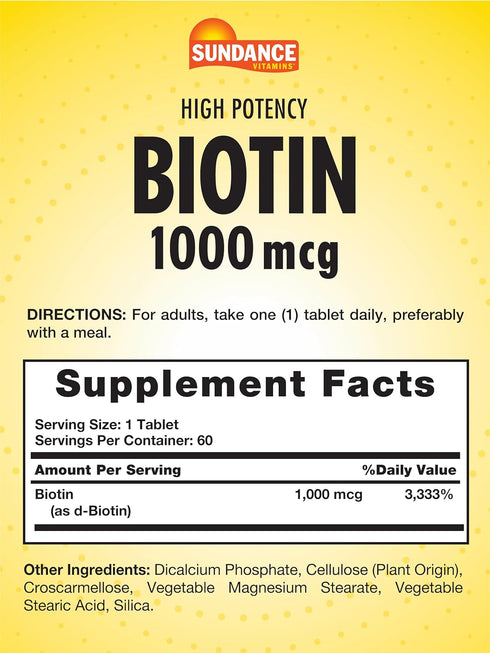 Sundance High Potency Biotin 1,000 mcg | 60 Tablets | Essential B Vitamin | Vegetarian, Non-GMO, and Gluten Free Supplement