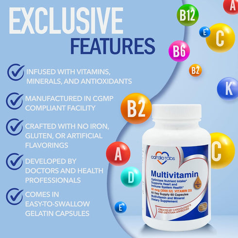 Multivitamin for Heart and Immunity - Supplements for Men & Women with B-Vitamin Complex, 60-Count Bottle