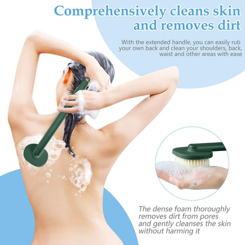 Long Handle Bath Massage Cleaning Brush - Back Scrubber for Shower with Soap Dispenser, Pink + Green