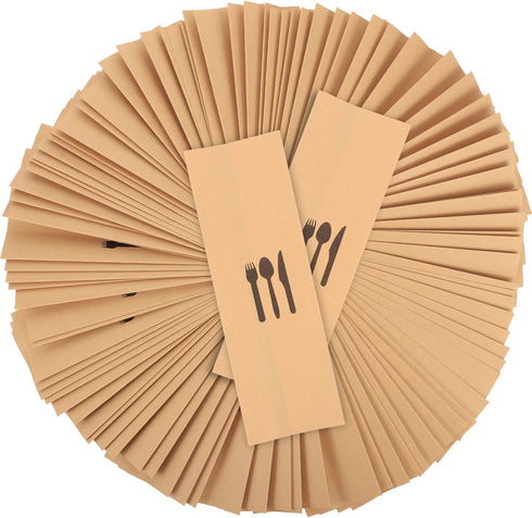 100pcs Brown Kraft Paper Bags, Disposable Silverware Flatware Sleeves for Kitchen Cutlery Utensils Holder, Christmas