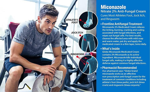 Globe Miconazole Nitrate 2% Antifungal Cream, 1 oz, Cures Most Athletes Foot, Jock Itch, Ringworm