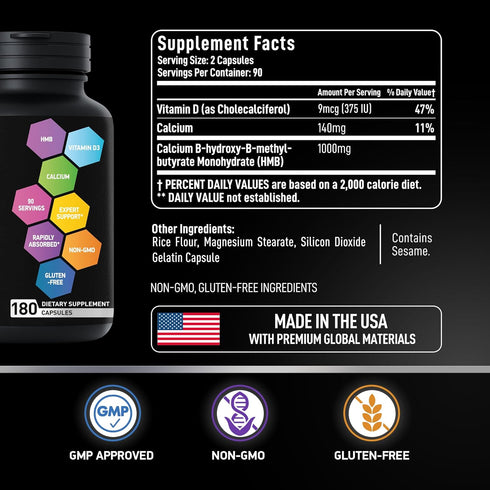 HMB and Vitamin D3 Supplement - 1,000 MG HMB with D3 and Calcium - 360 Capsules for Strength, Recovery, Muscle Growth