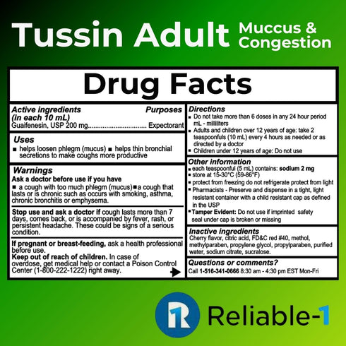 Tussin Adult Strength Mucus & Chest Congestion Relief (Natural Cherry Flavor) Guaifenesin Expectorant Liquid