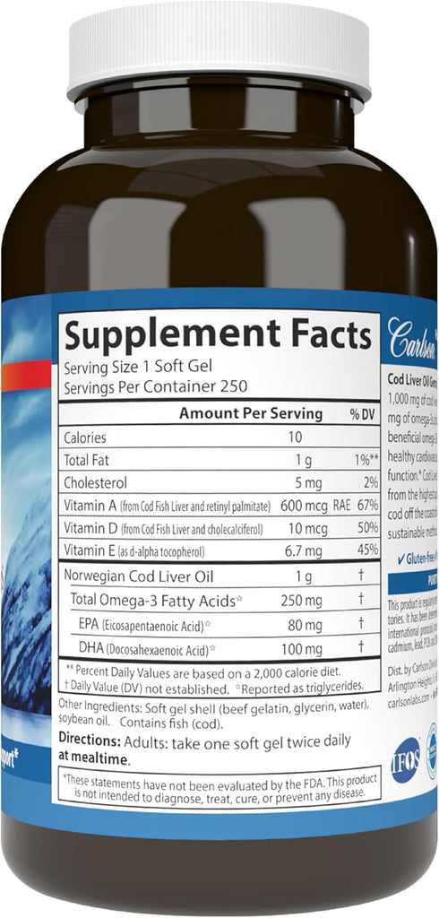 Carlson Cod Liver Oil Gems, 1000 mg, 250 mg Omega-3s, 400 IU Vitamin D3, Wild Caught Norwegian Arctic Cod, 250 Softgels