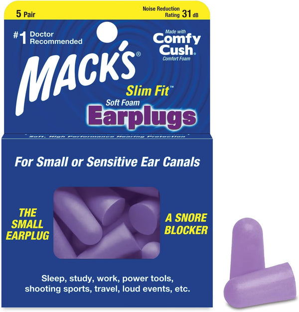 Mack's Slim Fit Soft Foam Earplugs, 5 Pair, Small for Sleeping, Snoring, Traveling, Made in USA